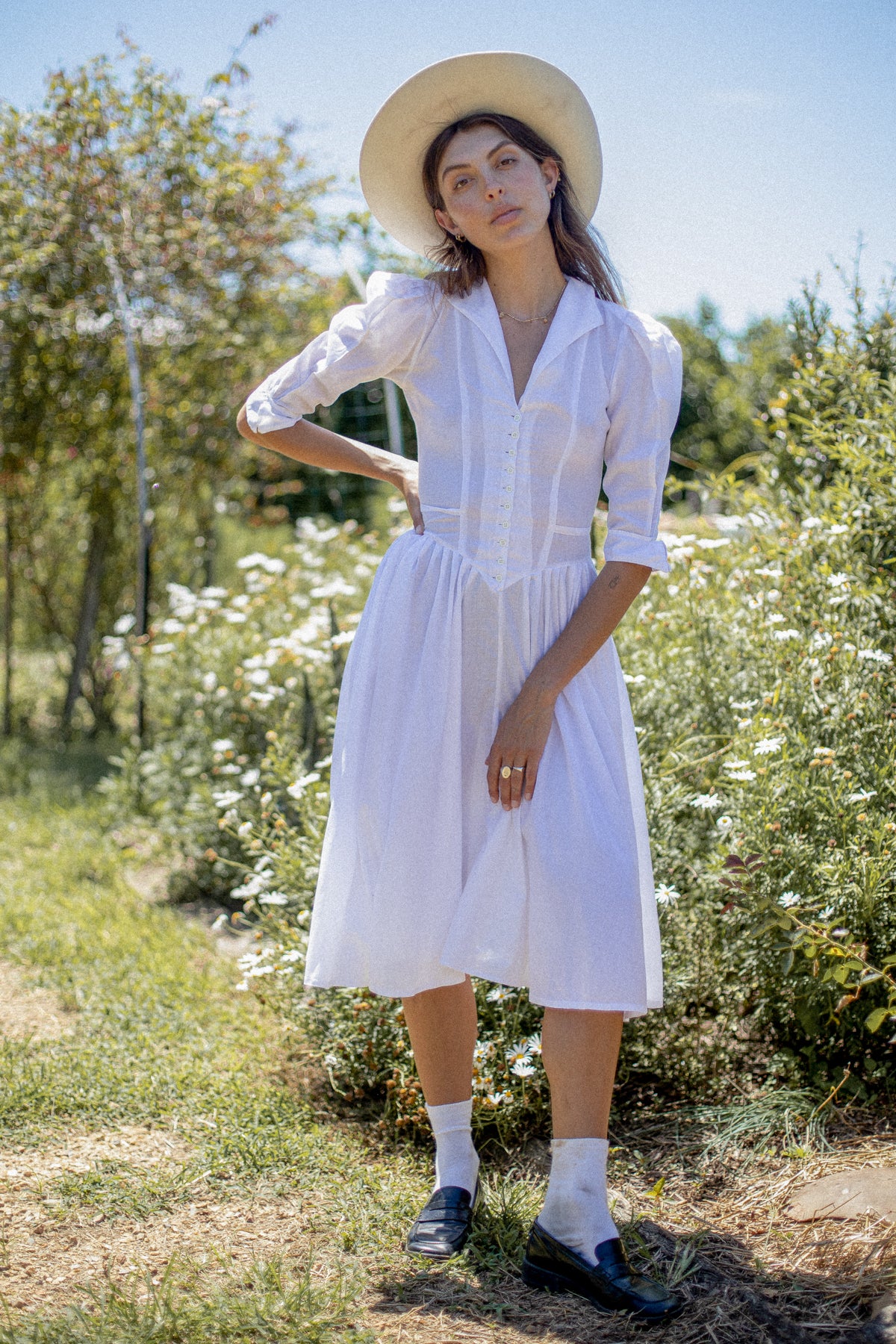 VINTAGE 1950's White Drop Waist Button Down Midi Dress S