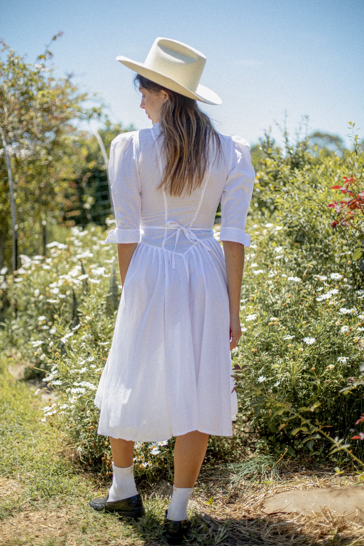 VINTAGE 1950's White Drop Waist Button Down Midi Dress S