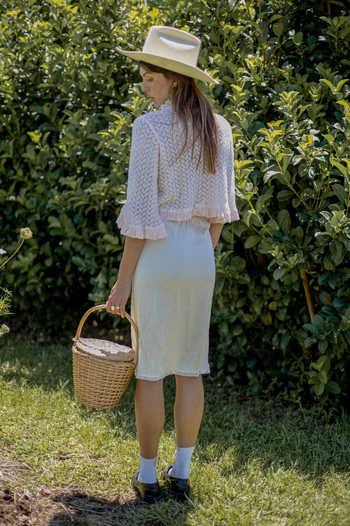 VINTAGE Lace Panel Ivory Silk Midi Skirt S