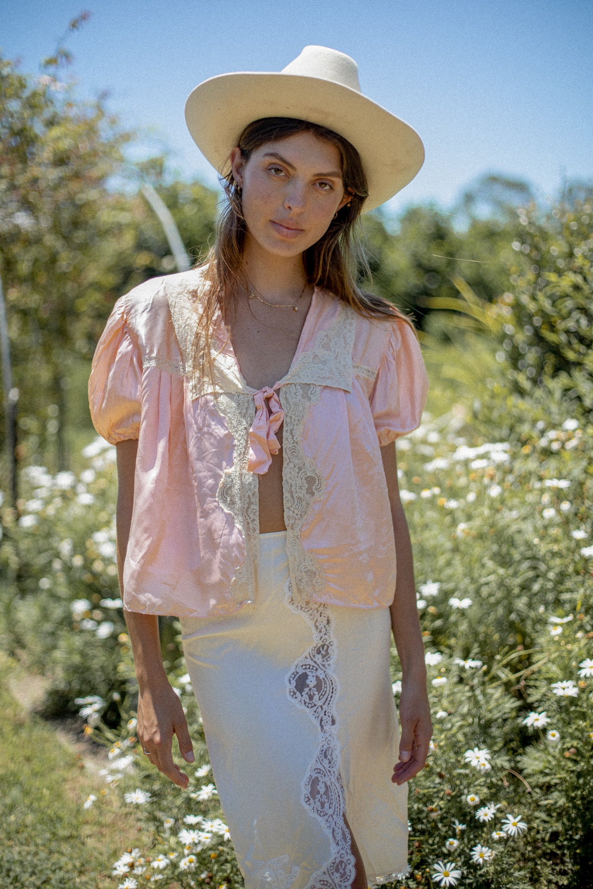 VINTAGE 1930's Pink Lace Trimmed Rayon Bed Jacket Blouse M/L