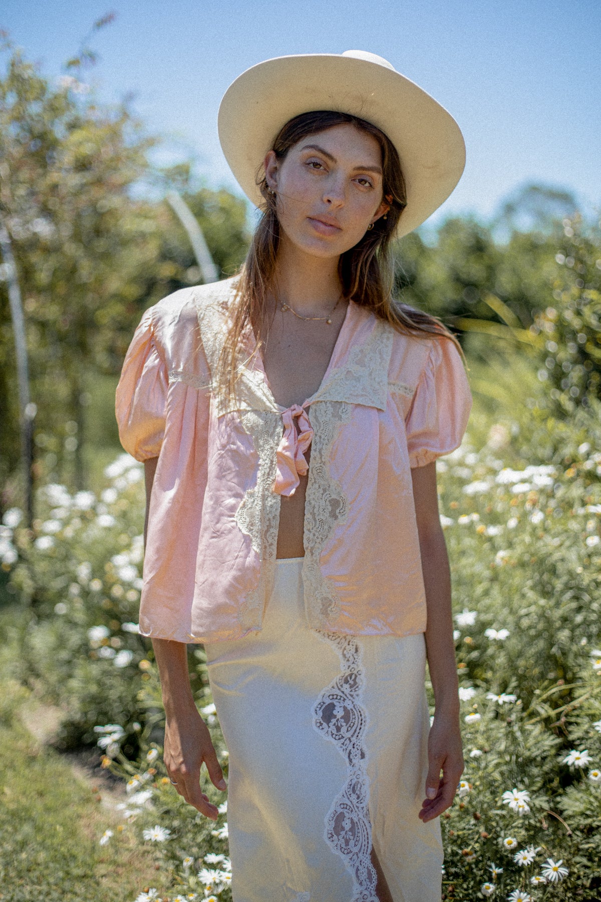 VINTAGE 1930's Pink Lace Trimmed Rayon Bed Jacket Blouse M/L