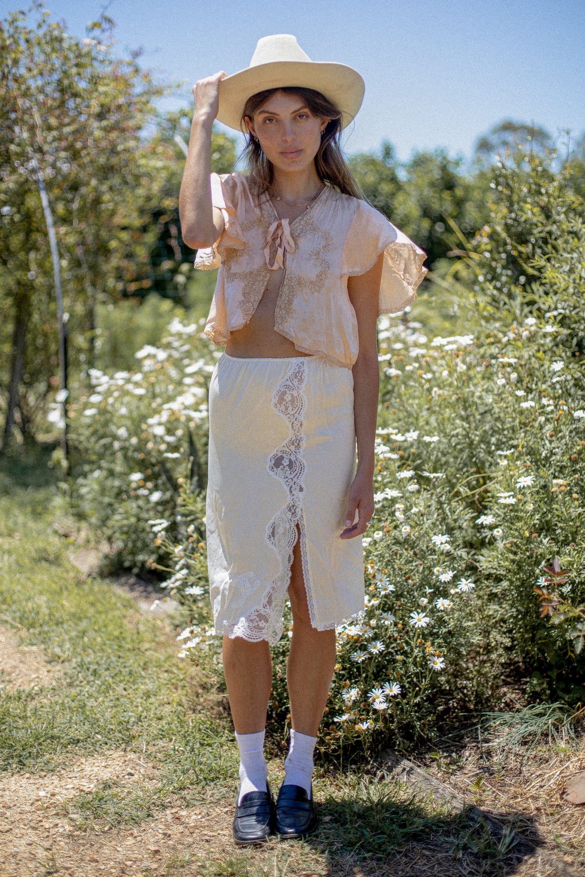 VINTAGE Lace Panel Ivory Silk Midi Skirt S