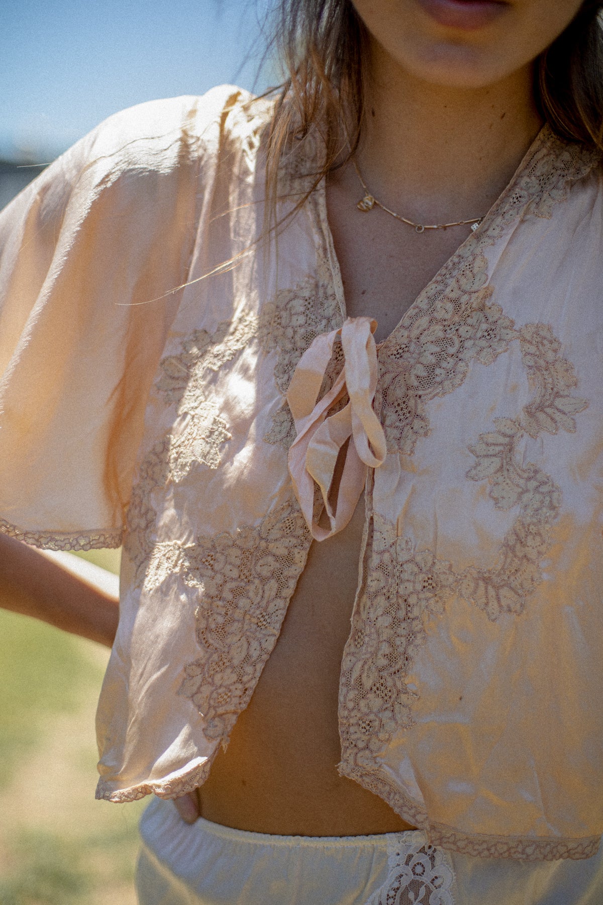 VINTAGE 1930's Pink Lace Trimmed Silk Bed Jacket Blouse S/M