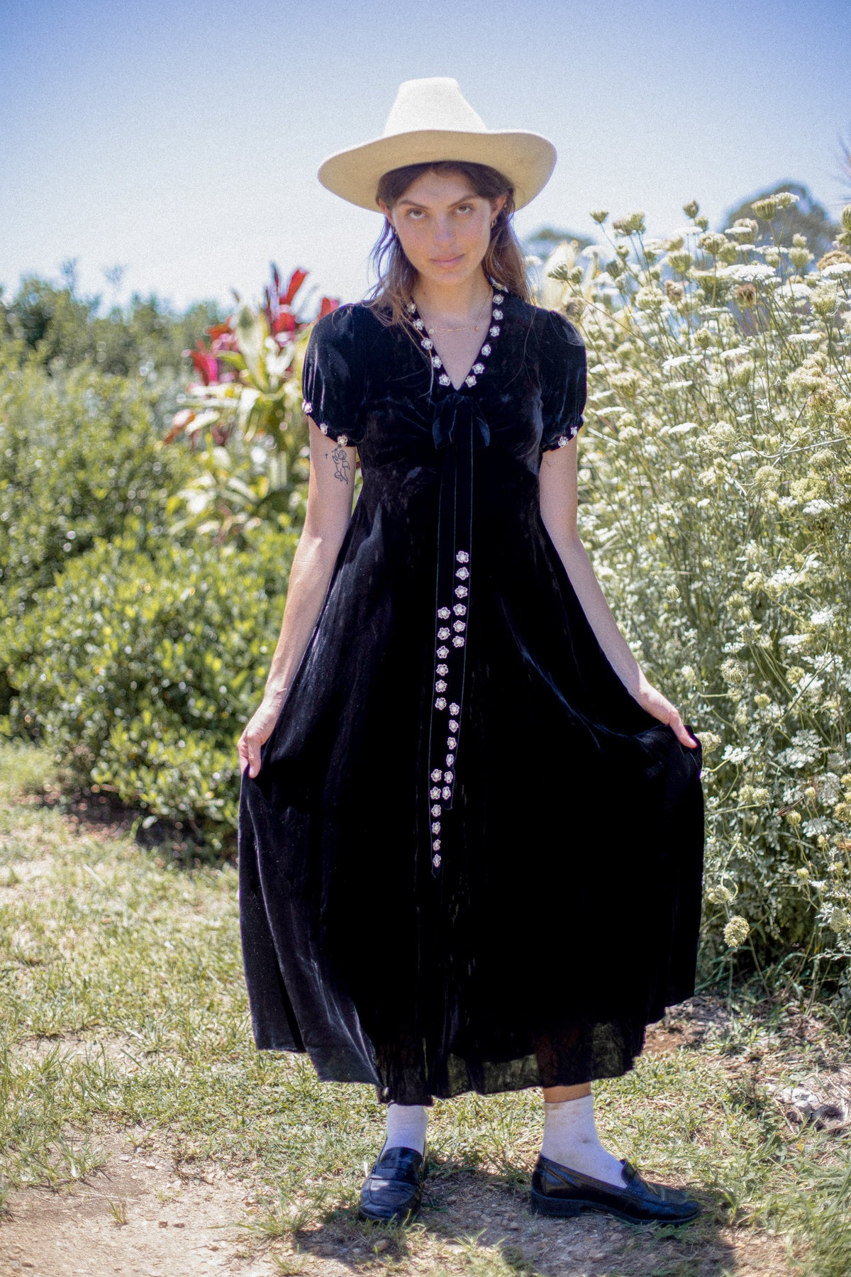 VINTAGE 1930's Black Silk Velvet Flower Applique Maxi Dress S