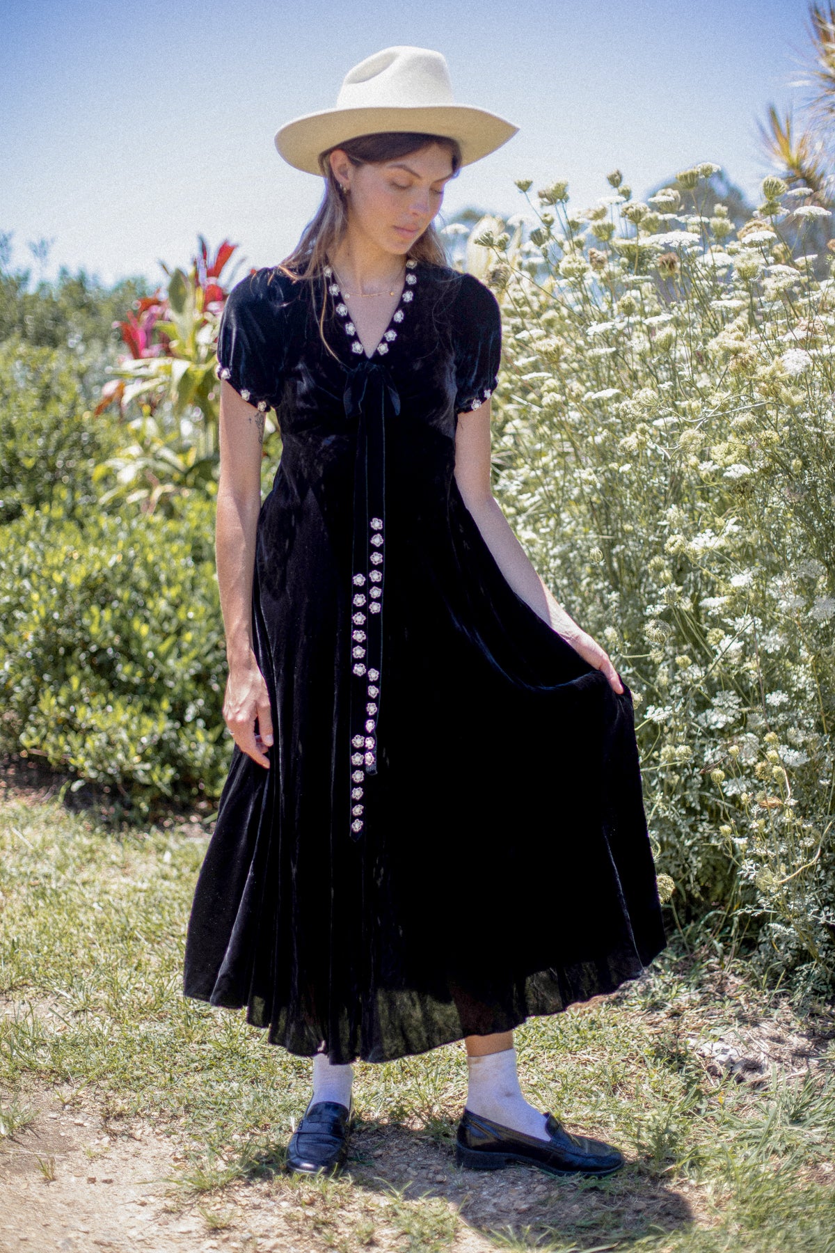 VINTAGE 1930's Black Silk Velvet Flower Applique Maxi Dress S