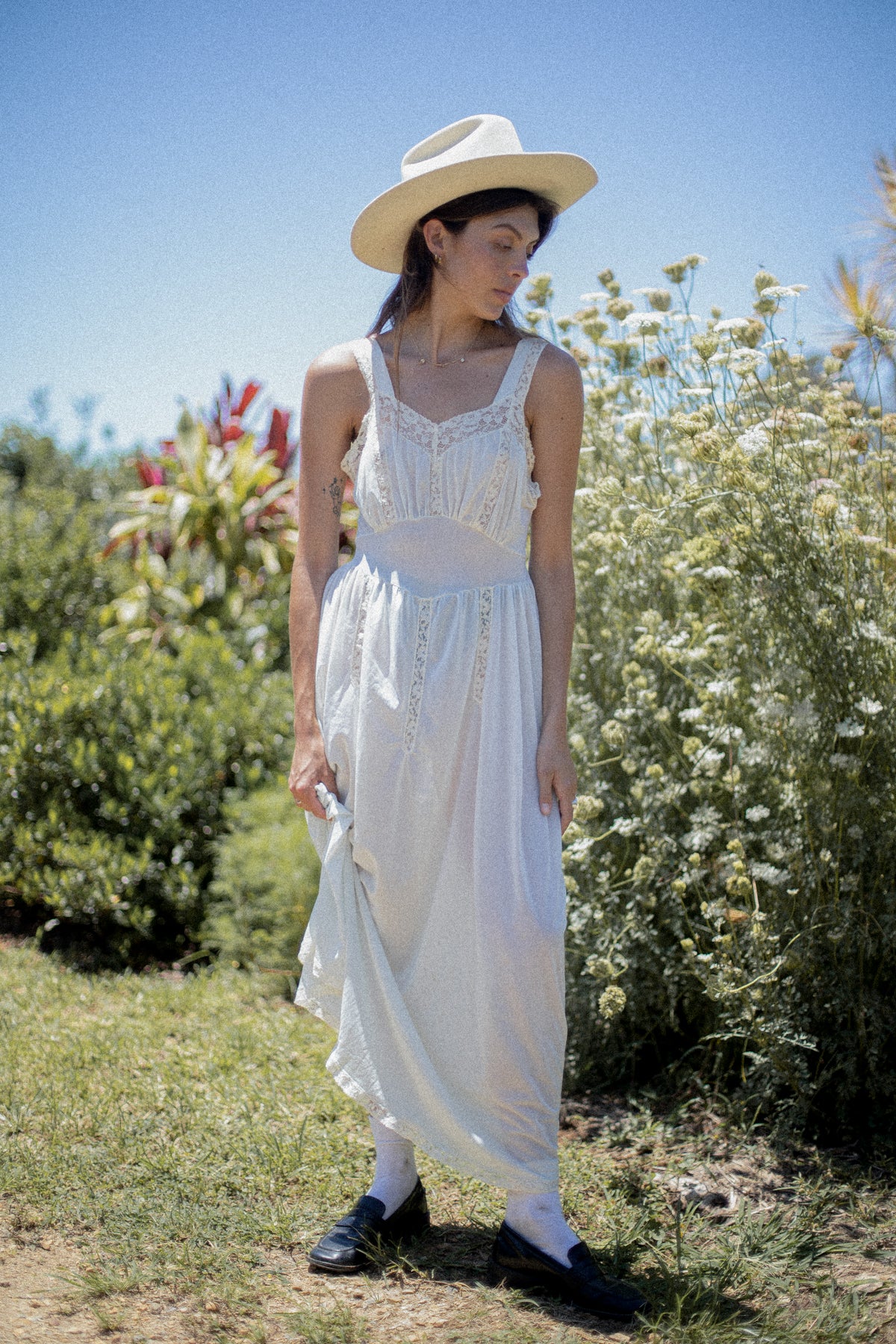 VINTAGE 1930's Powder Blue Sheer Lace Panel Nightgown Dress M