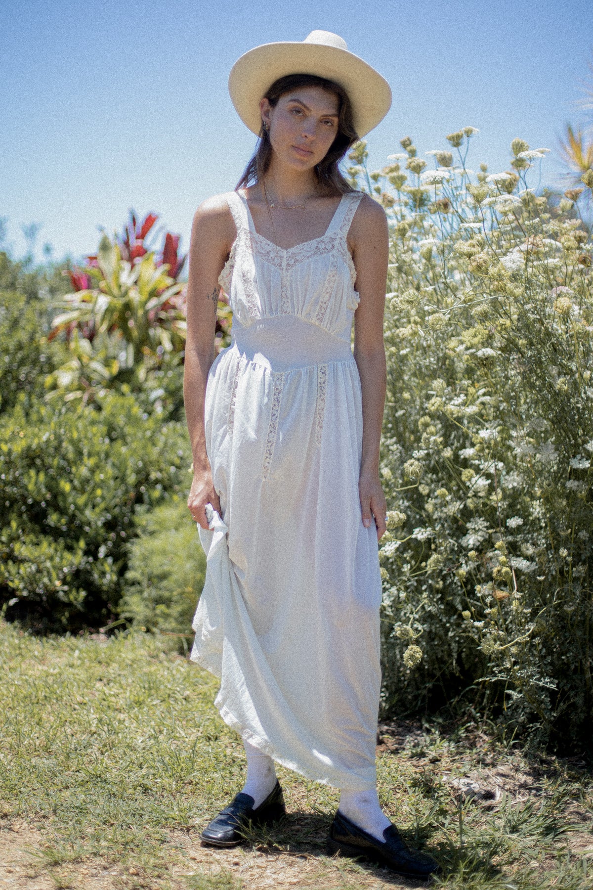 VINTAGE 1930's Powder Blue Sheer Lace Panel Nightgown Dress M