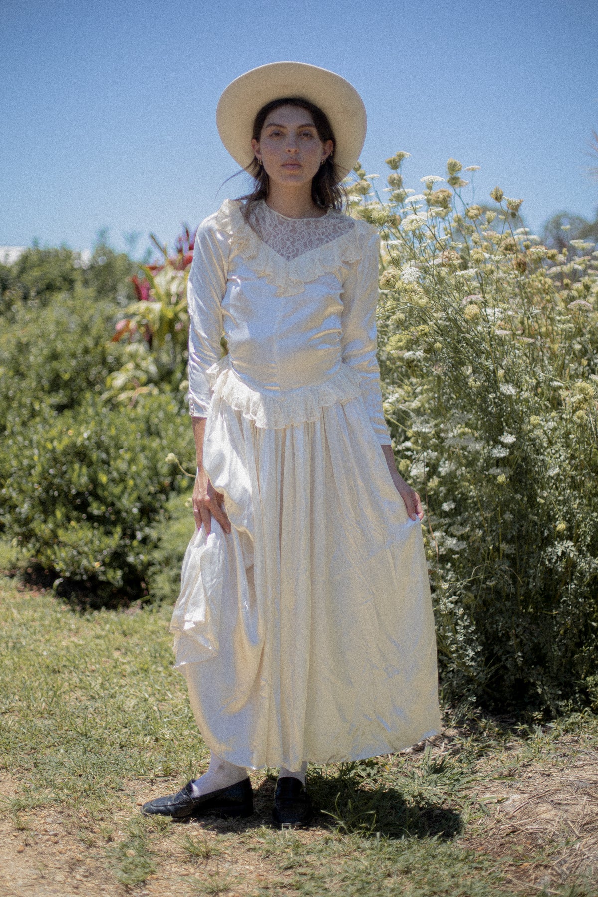 VINTAGE 1940's Ivory Satin Circle Skirt Wedding Dress S