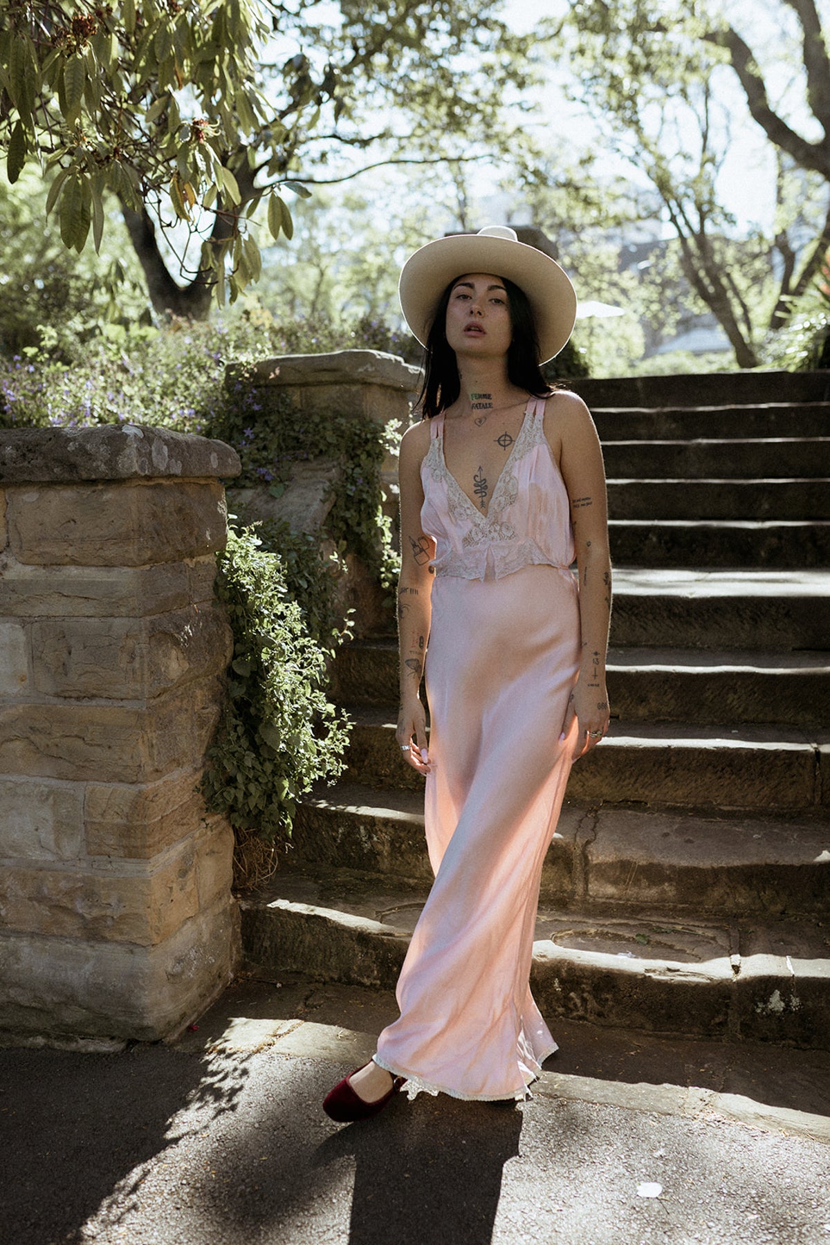 VINTAGE 1930's Ecru Lace Trimmed Pink Silk Nightgown Slip Dress S/M/L