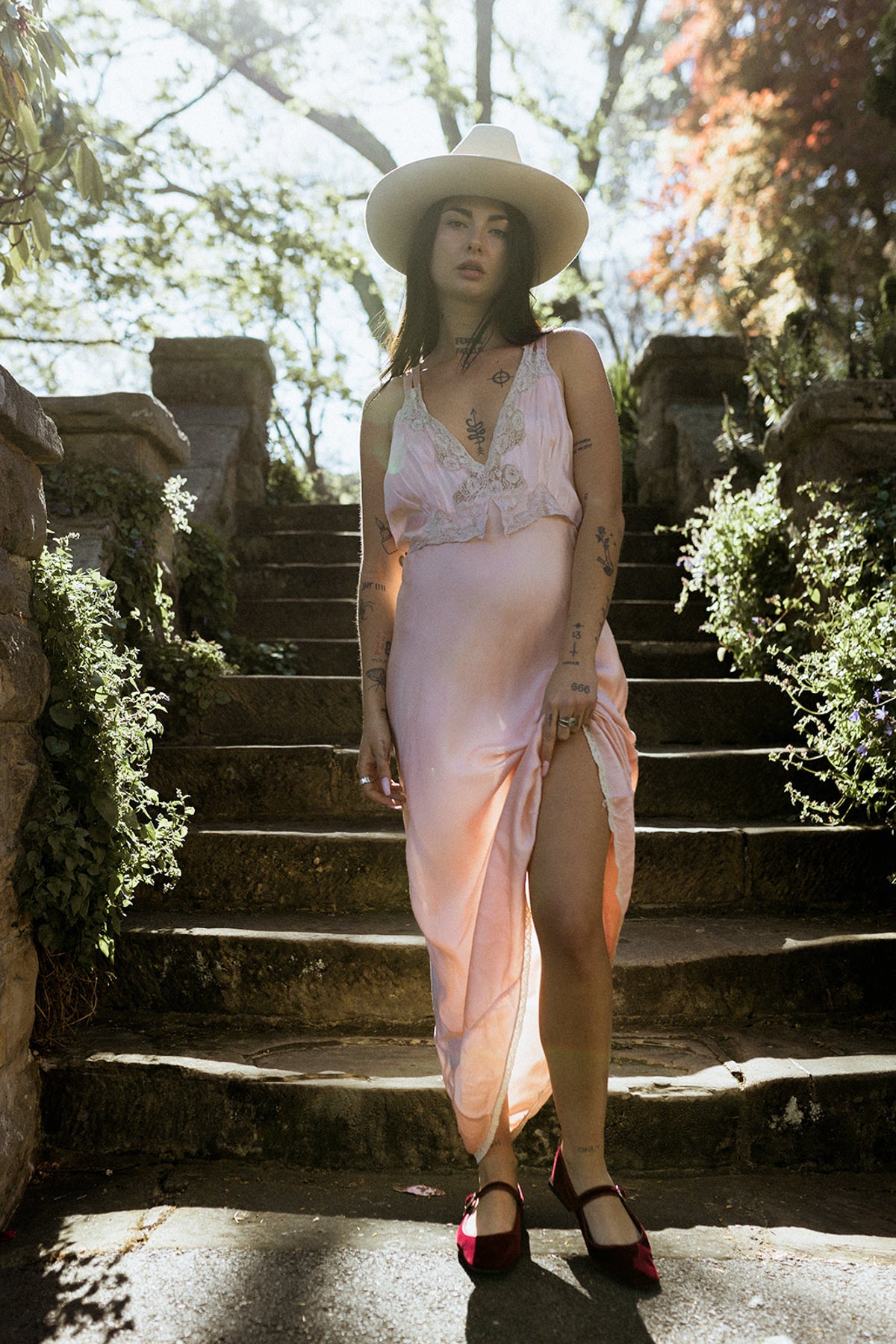 VINTAGE 1930's Ecru Lace Trimmed Pink Silk Nightgown Slip Dress S/M/L