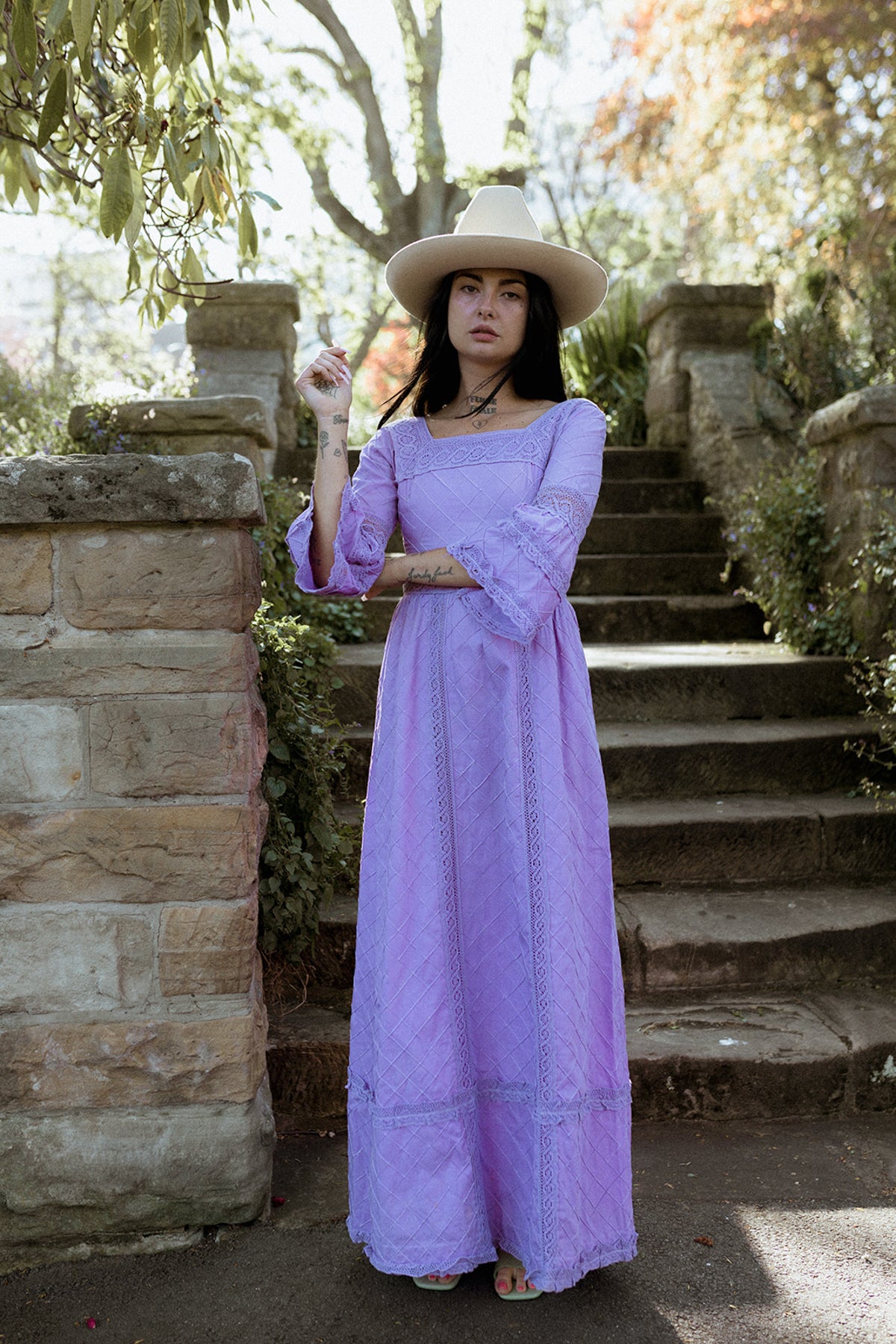 VINTAGE 1970's Purple Cotton Pintuck Mexican Wedding Dress XS