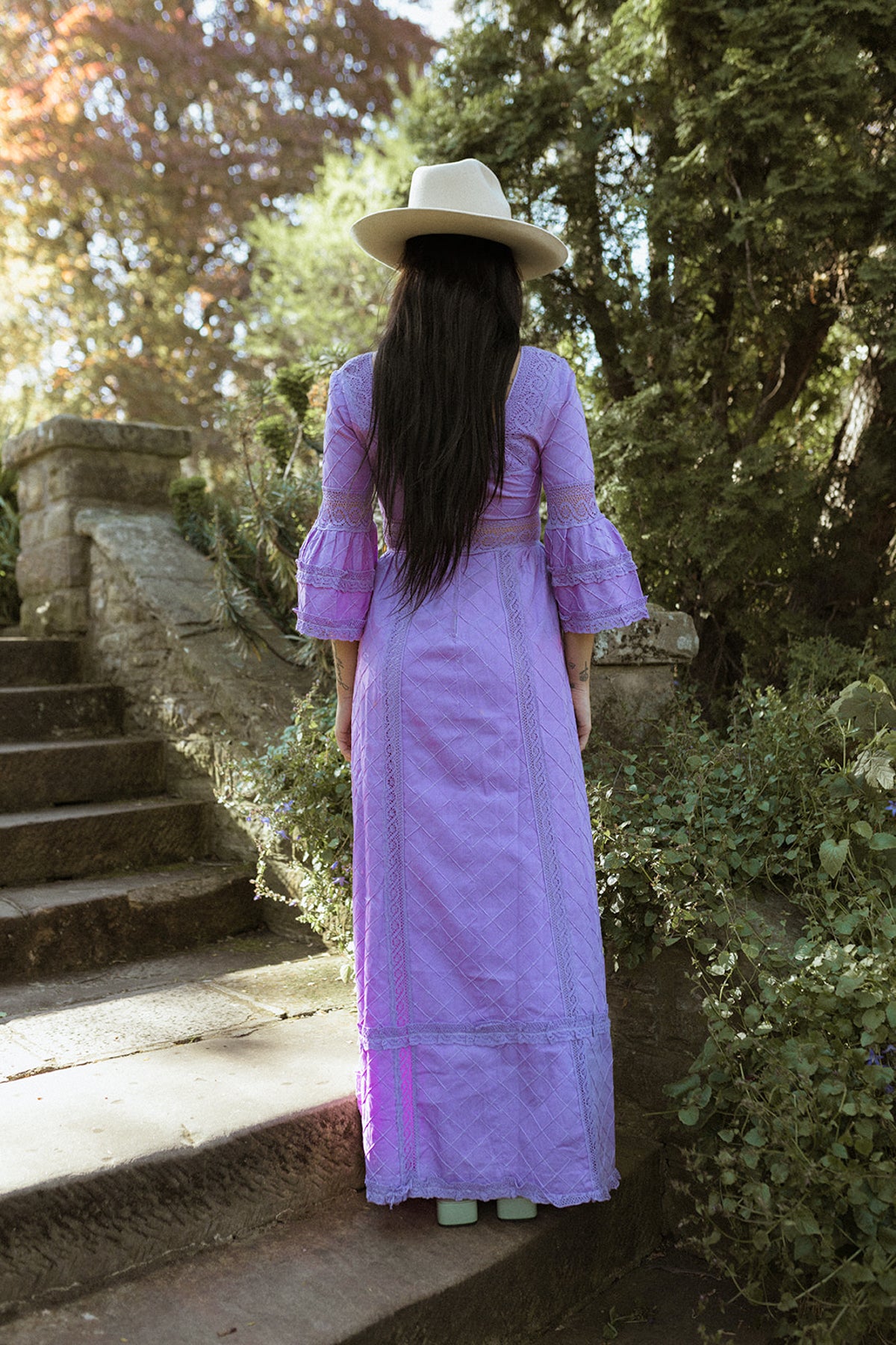 VINTAGE 1970's Purple Cotton Pintuck Mexican Wedding Dress XS