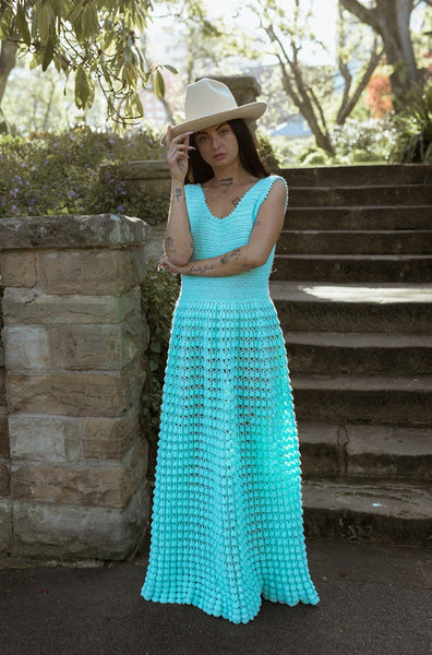 VINTAGE 1970's Blue Crochet Knit Maxi Dress S/M