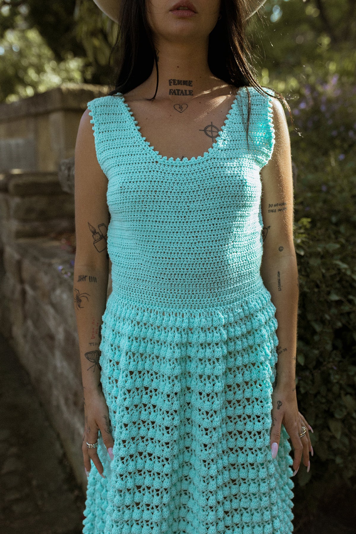 VINTAGE 1970's Blue Crochet Knit Maxi Dress S/M