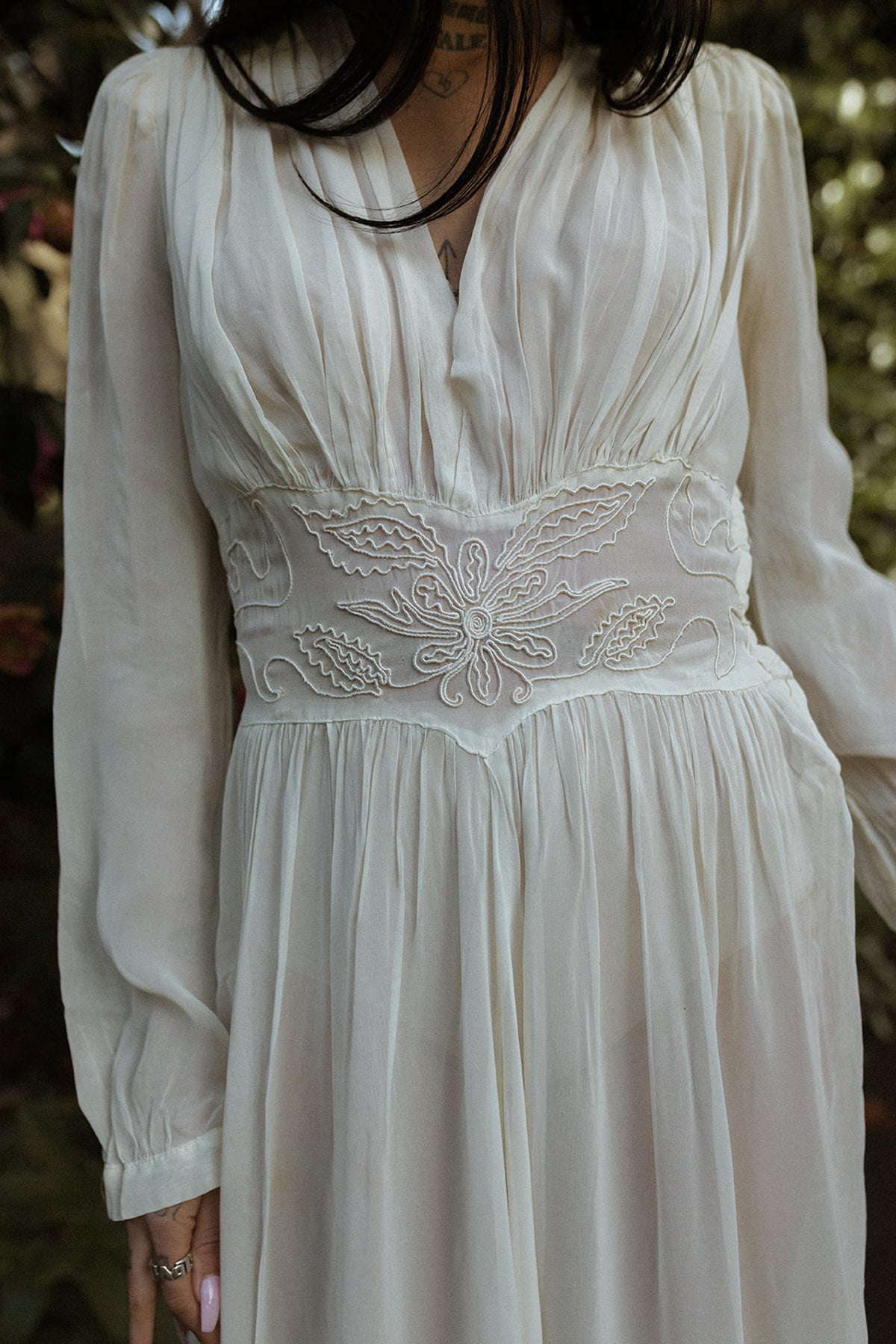 VINTAGE 1940's Sheer Ivory Embroidered Waist Maxi Gown S/M