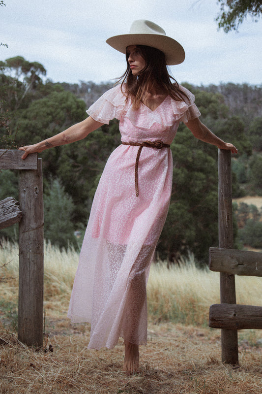 VINTAGE 1970's Pink Floral Organza Flounce Maxi Gown Dress S/M