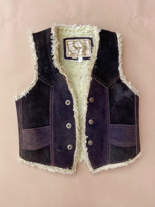 VINTAGE Kids Purple Suede Patchwork Shearling Vest 3-6