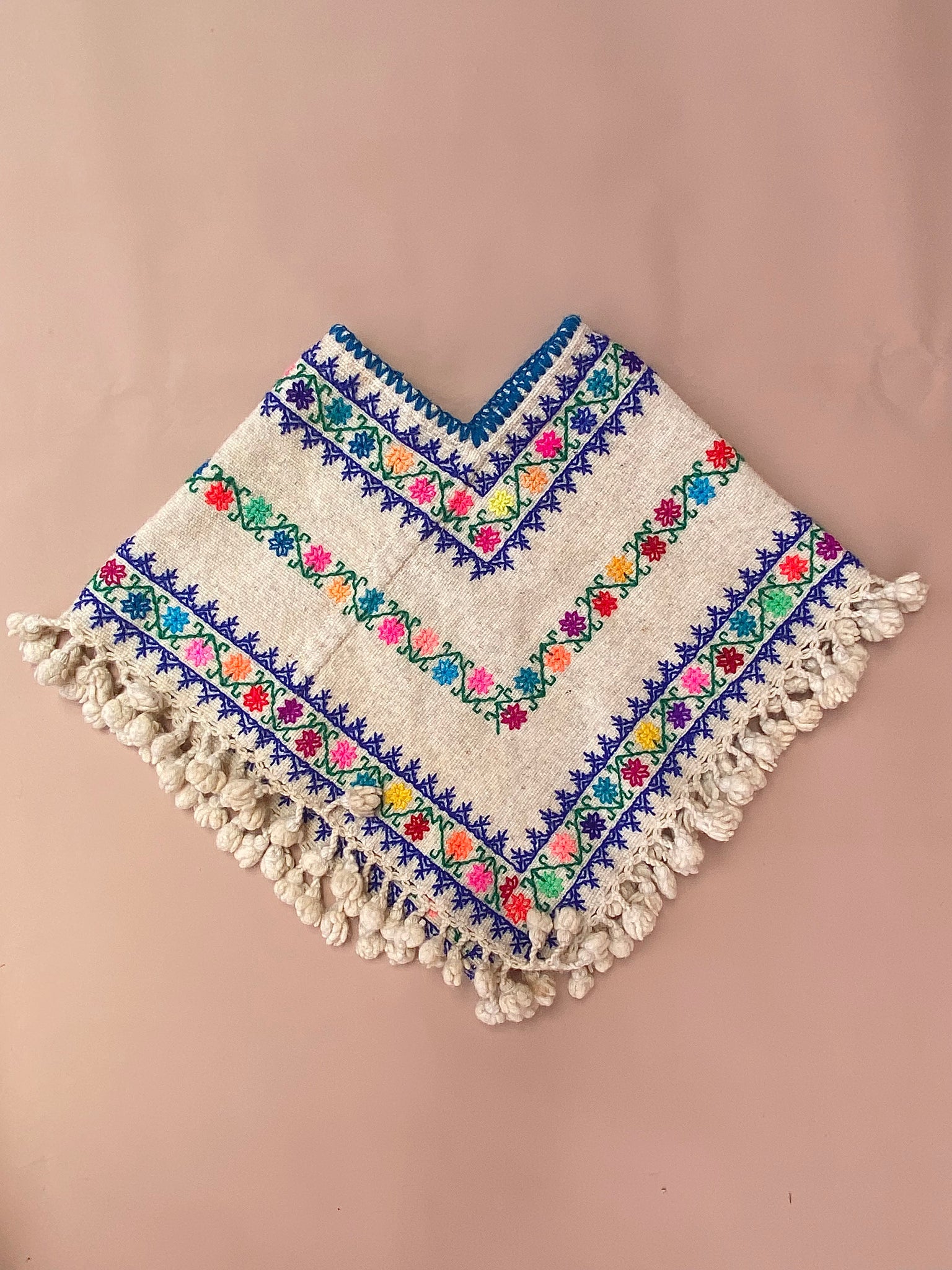 VINTAGE Kids Ivory Wool Embroidered Poncho Free Size From 3