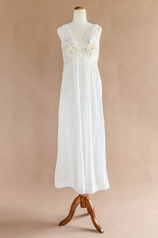 VINTAGE 1940's Cotton Flower Embroidered Maxi Nightgown Dress S/M