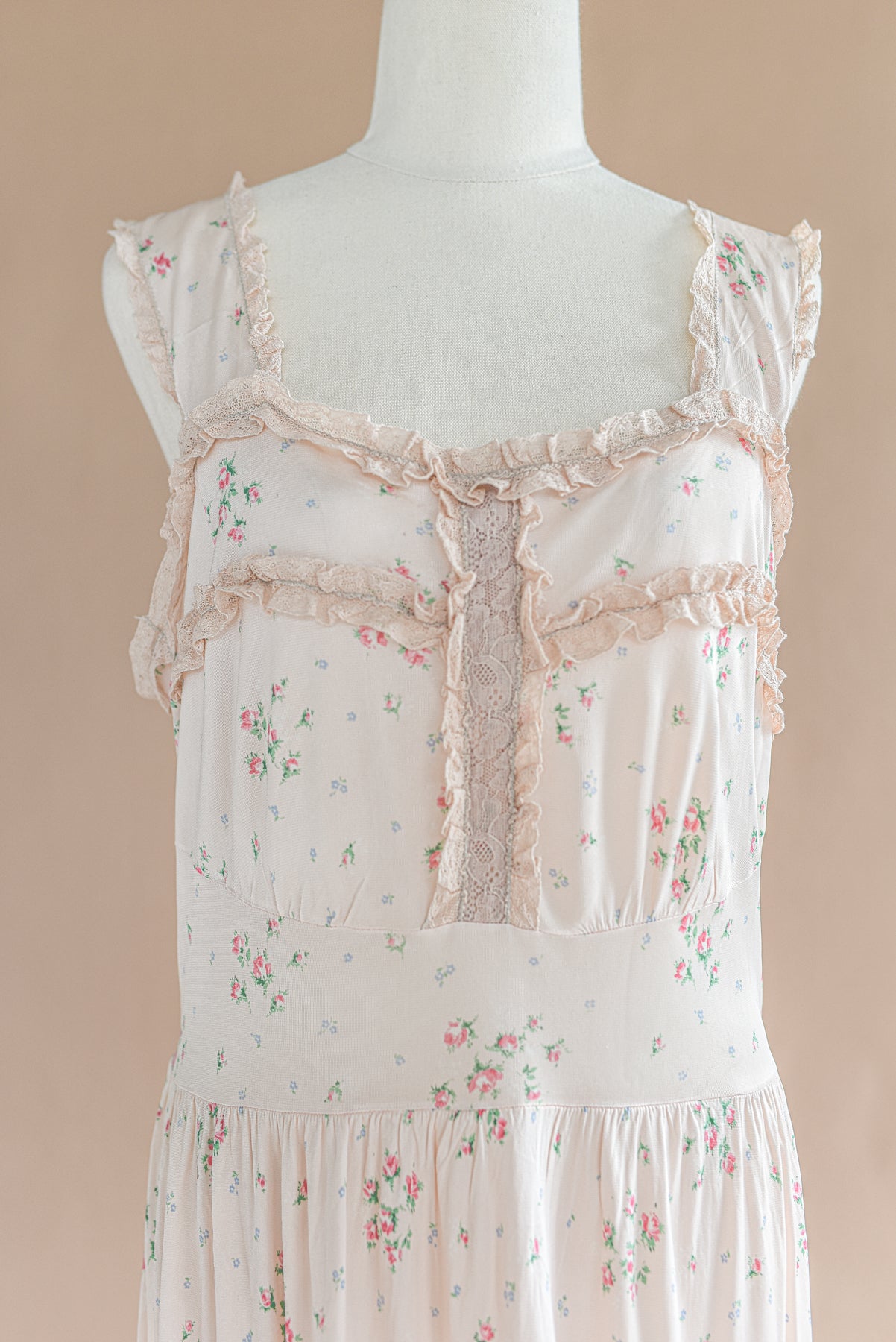 VINTAGE 1940's Pink Floral Maxi Nightgown Dress S/M/L