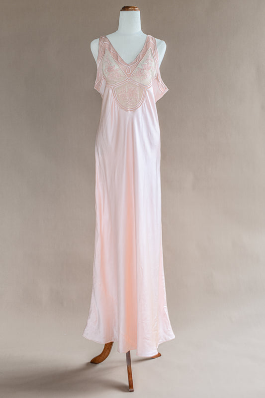 VINTAGE 1940's Pink 100% Silk Maxi Nightgown Dress M/L