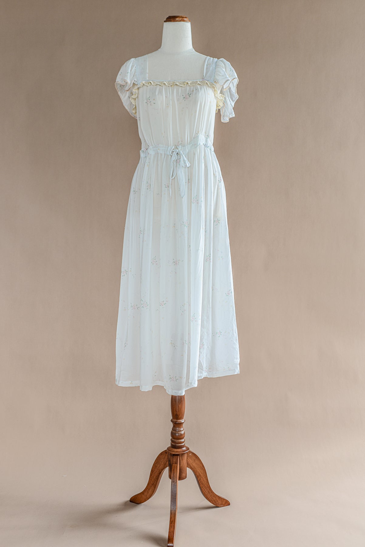 VINTAGE 1940's Sheer Mint Floral Cap Sleeve Midi Nightgown Dress S