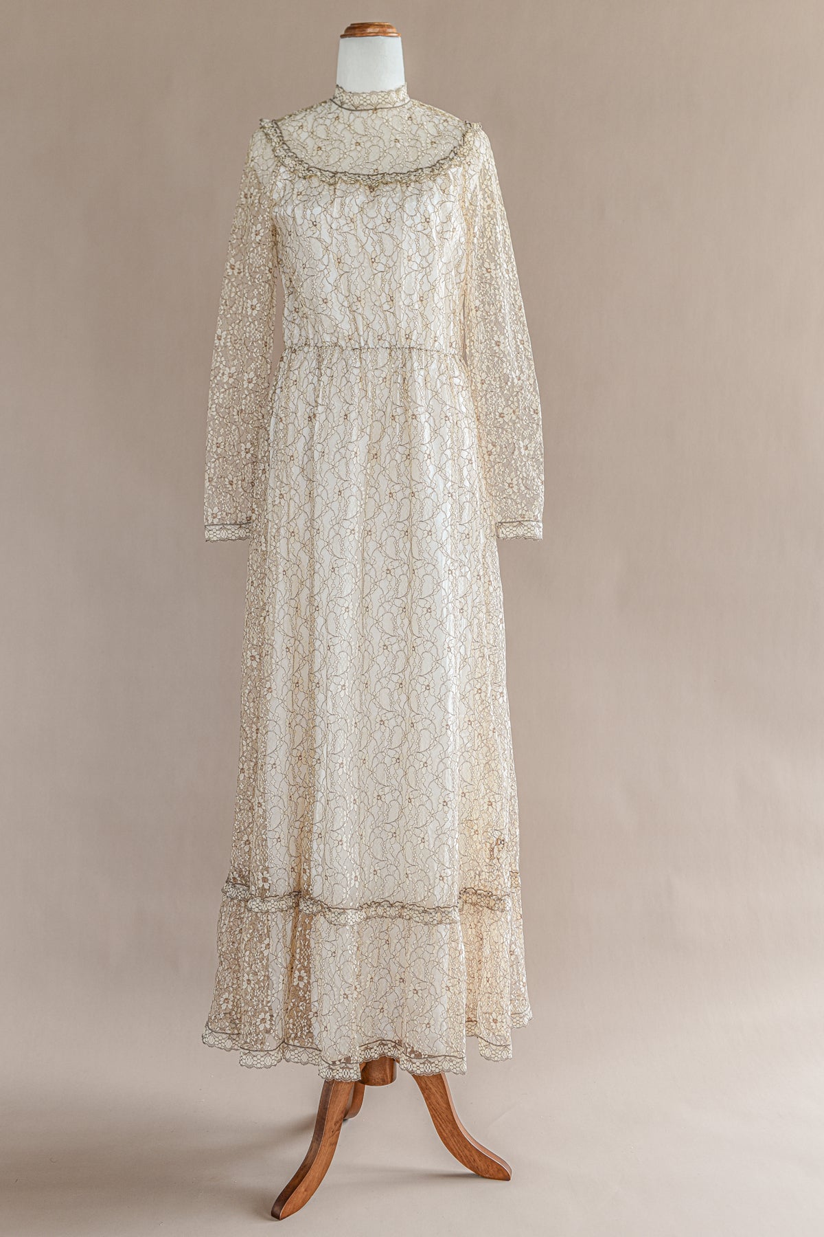 VINTAGE 1960's Lace High Neck Maxi Gown Dress S/M