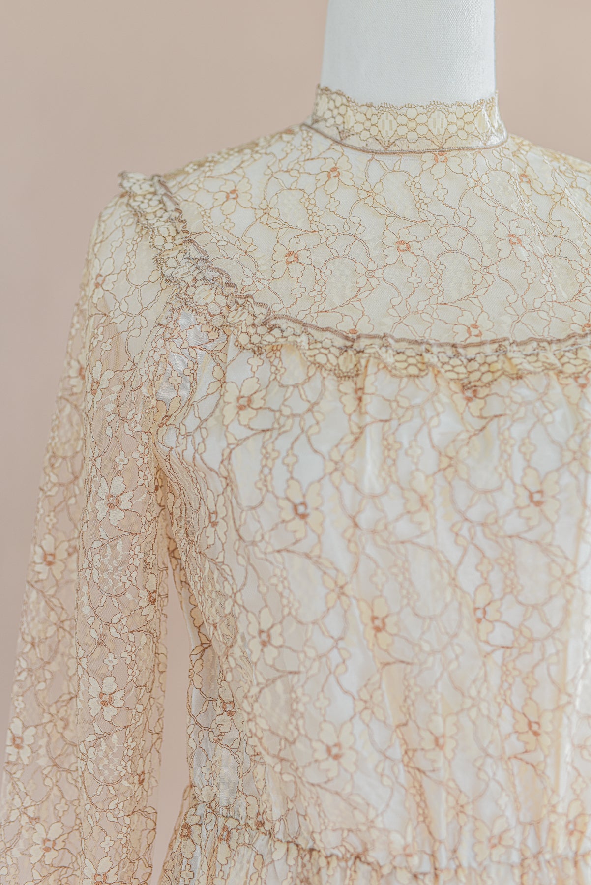 VINTAGE 1960's Lace High Neck Maxi Gown Dress S/M