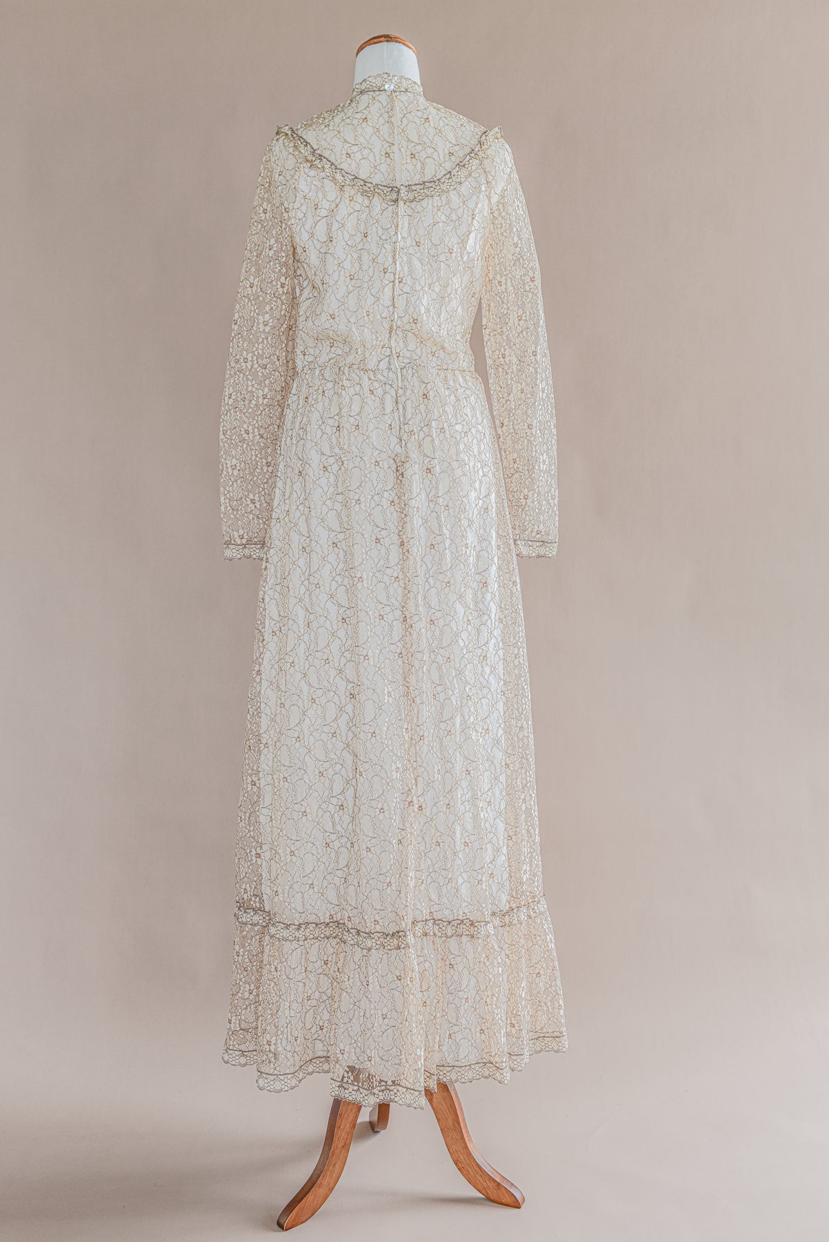 VINTAGE 1960's Lace High Neck Maxi Gown Dress S/M