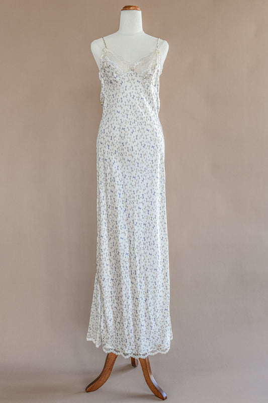 VINTAGE 100% Silk Bow Print Maxi Nightgown Dress S/M/L