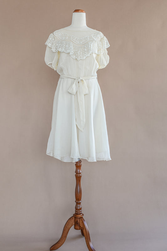 VINTAGE 100% Silk Ivory Chiffon Lace Yoke Mini Dress S/M/L