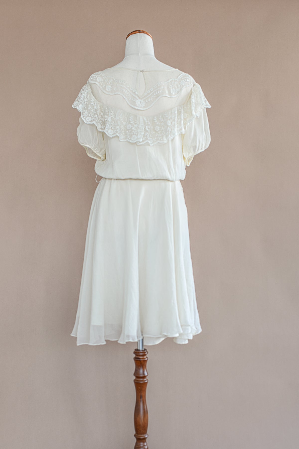VINTAGE 100% Silk Ivory Chiffon Lace Yoke Mini Dress S/M/L