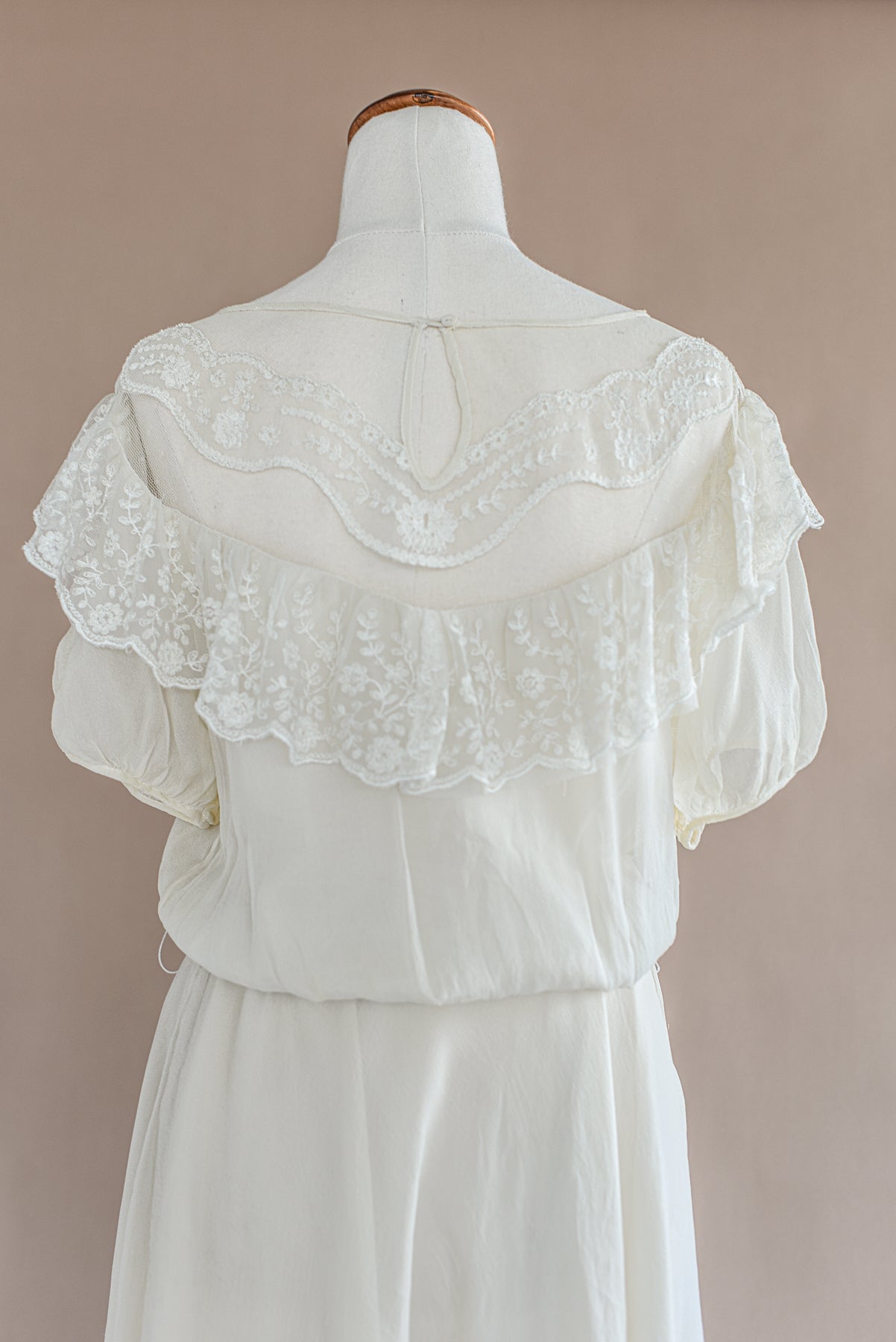 VINTAGE 100% Silk Ivory Chiffon Lace Yoke Mini Dress S/M/L