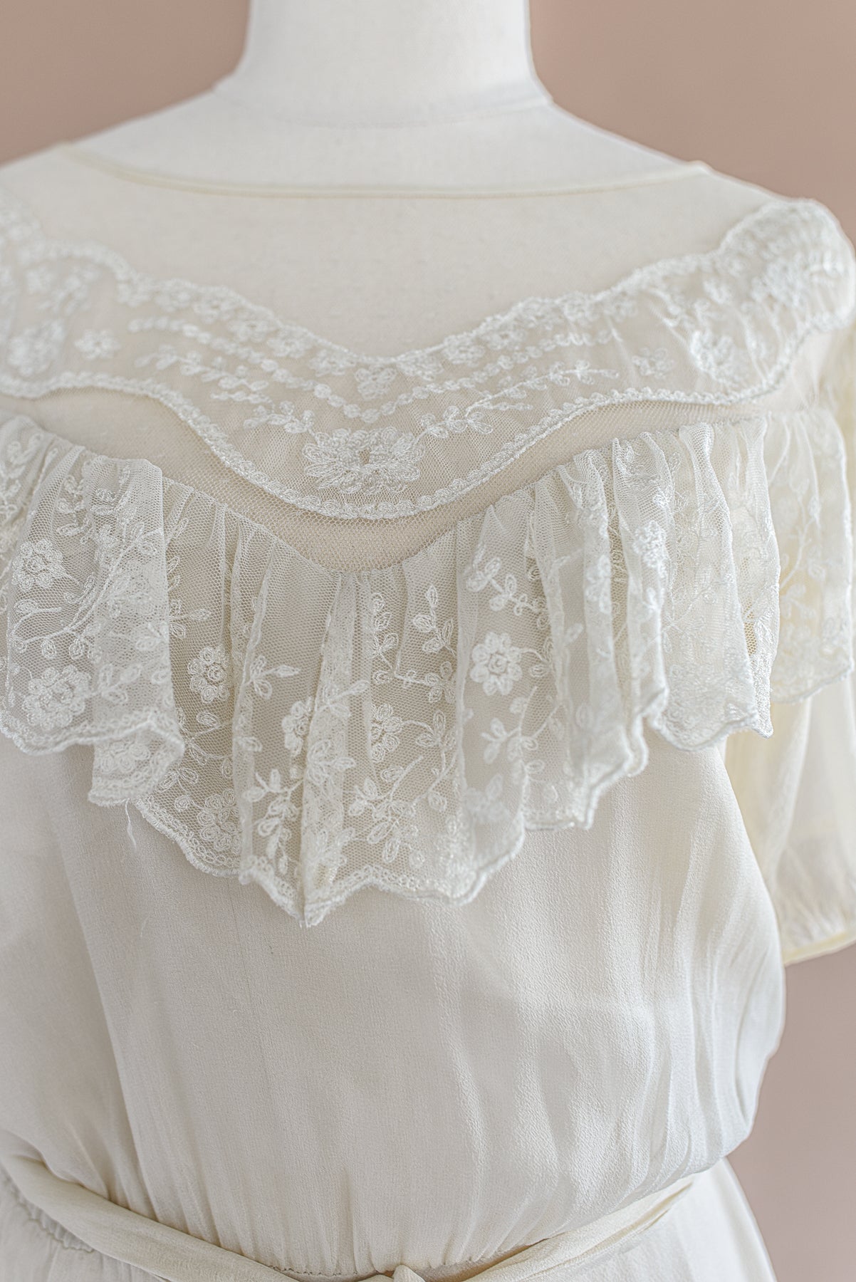 VINTAGE 100% Silk Ivory Chiffon Lace Yoke Mini Dress S/M/L