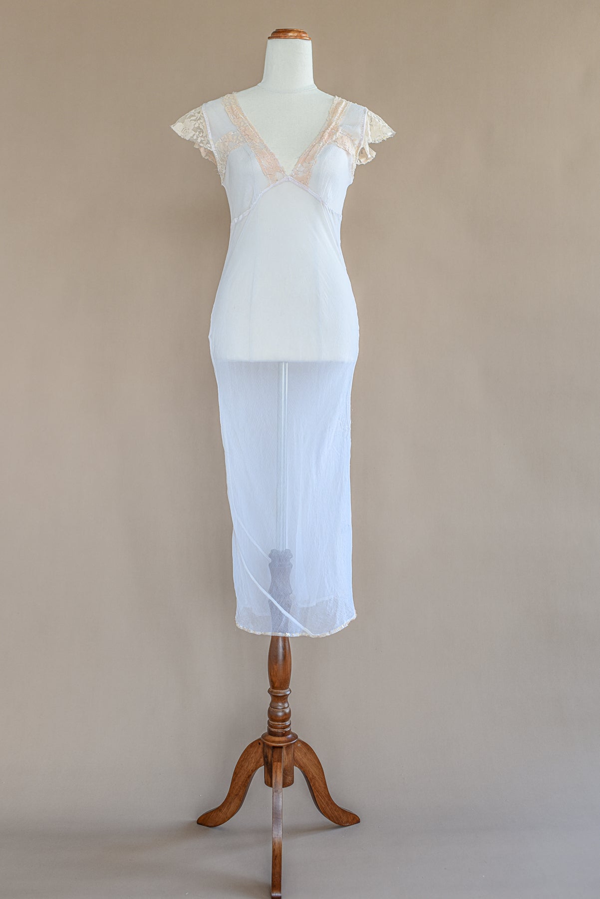VINTAGE Sheer Lace And Seqin Trimmed Midi Nightgown Dress S/M