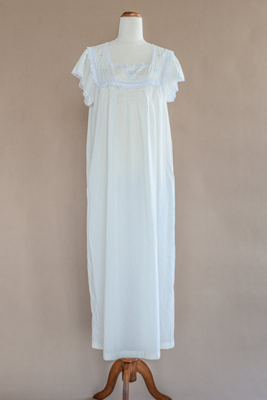 VINTAGE Pale Yellow Cotton Flower Embroidered Maxi Nightgown Dress M/L