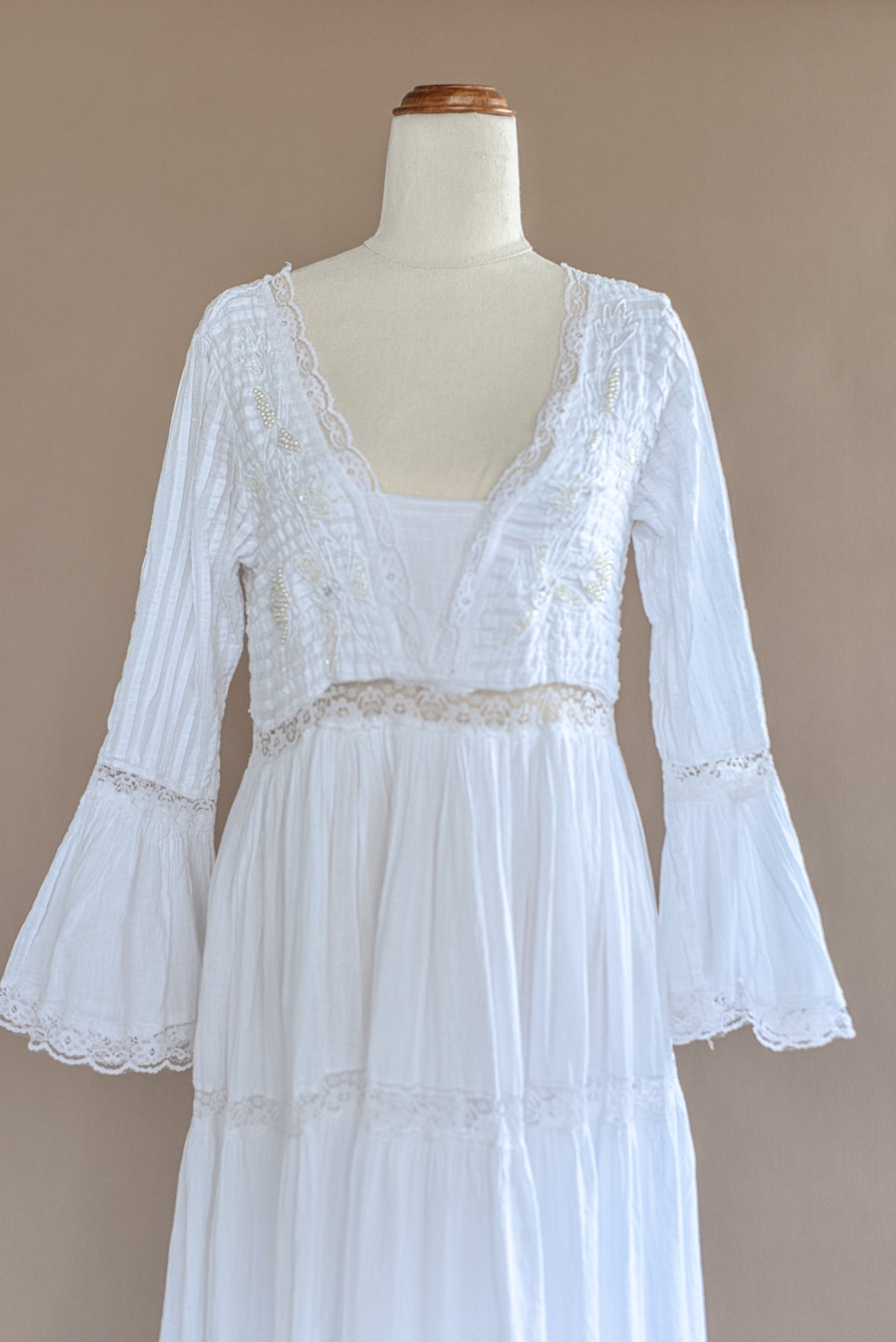 VINTAGE 1960's White Cotton Trumpet Sleeve Tiered Dress S/M