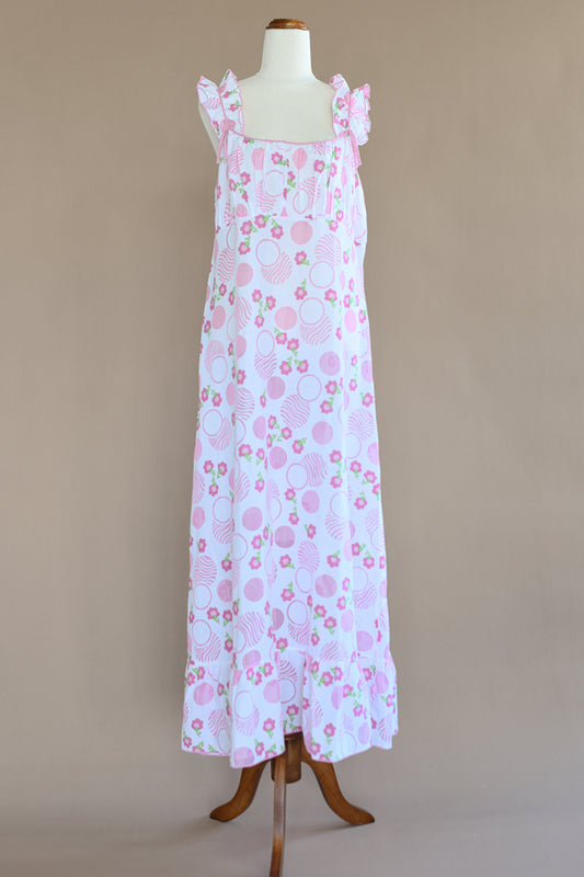 VINTAGE 1960's Pink Floral Nightgown Maxi Dress M/L