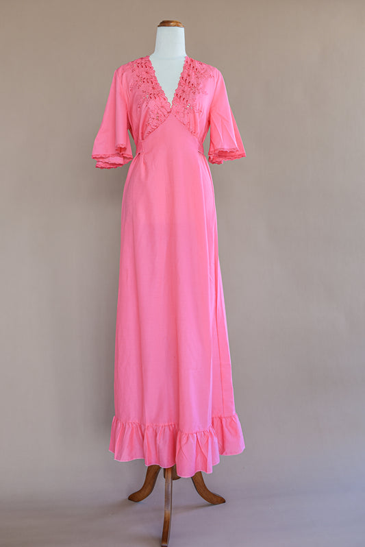 VINTAGE Embroidered Coral Pink Maxi Nightgown Dress M