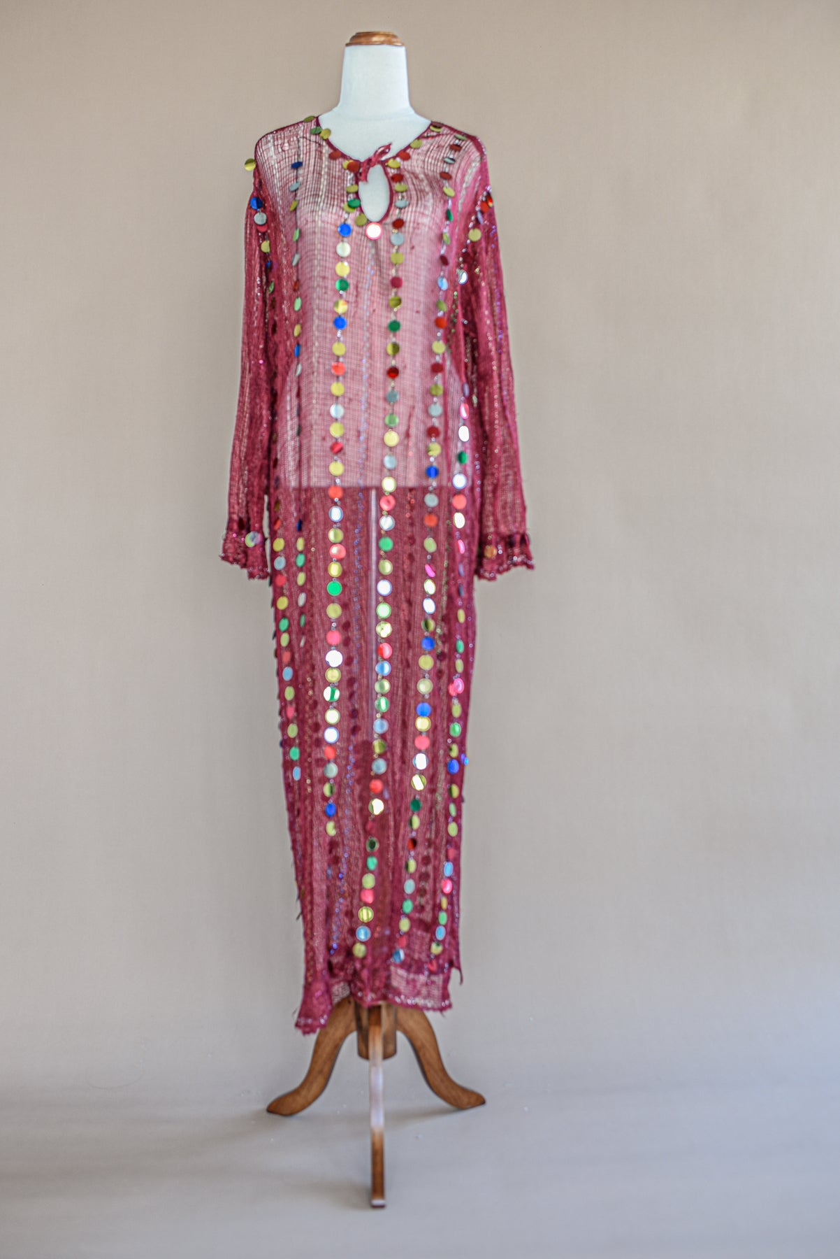 VINTAGE 1960's Maroon Netted Rainbow Sequin Maxi Tunic Free Size
