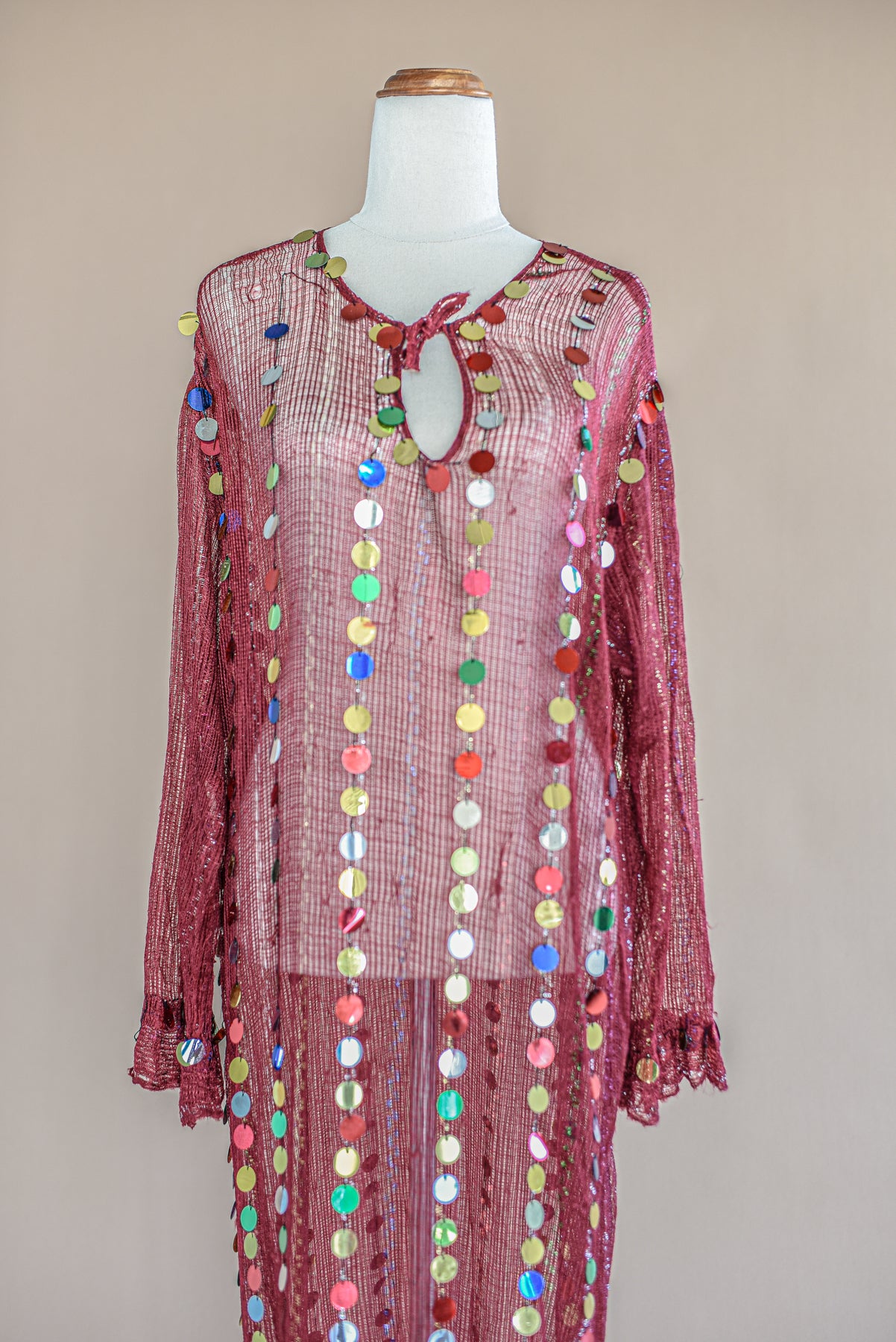 VINTAGE 1960's Maroon Netted Rainbow Sequin Maxi Tunic Free Size
