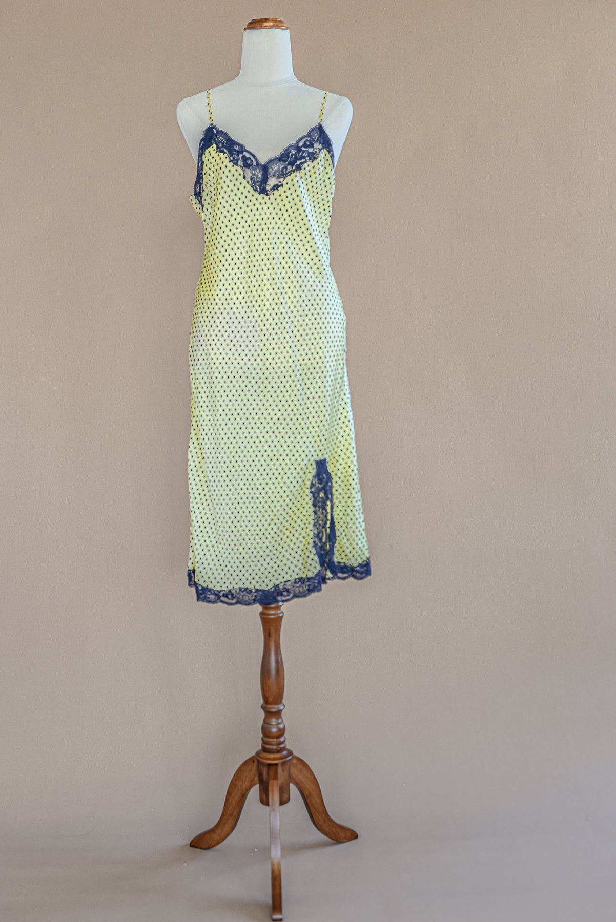 VINTAGE 100% Silk Yellow and Navy Polka Dot Mini Slip Dress M