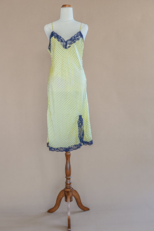 VINTAGE 100% Silk Yellow and Navy Polka Dot Mini Slip Dress M