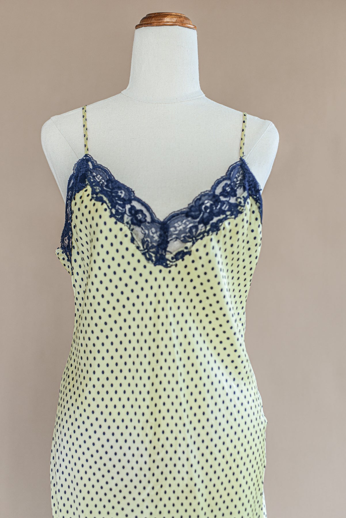 VINTAGE 100% Silk Yellow and Navy Polka Dot Mini Slip Dress M