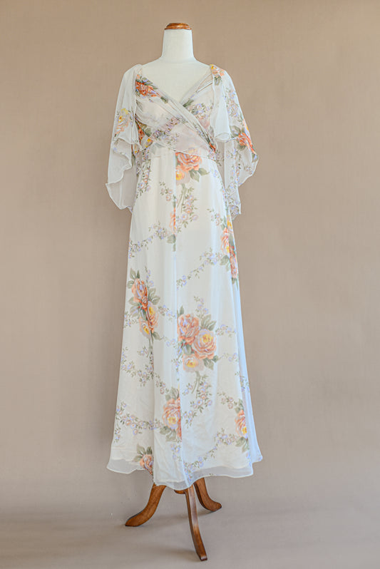 VINTAGE 1960's Flowy Floral Capelet Dress S/M