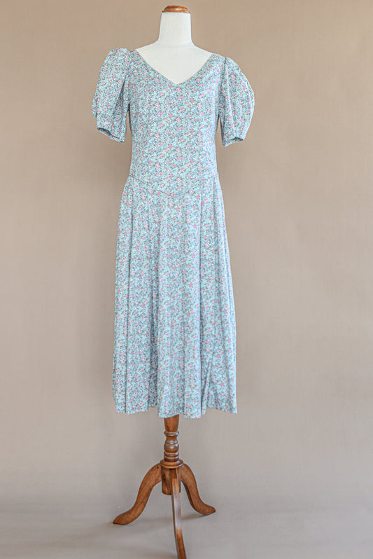 VINTAGE 1960's Ditsy Floral Pouf Sleeve Midi Dress S