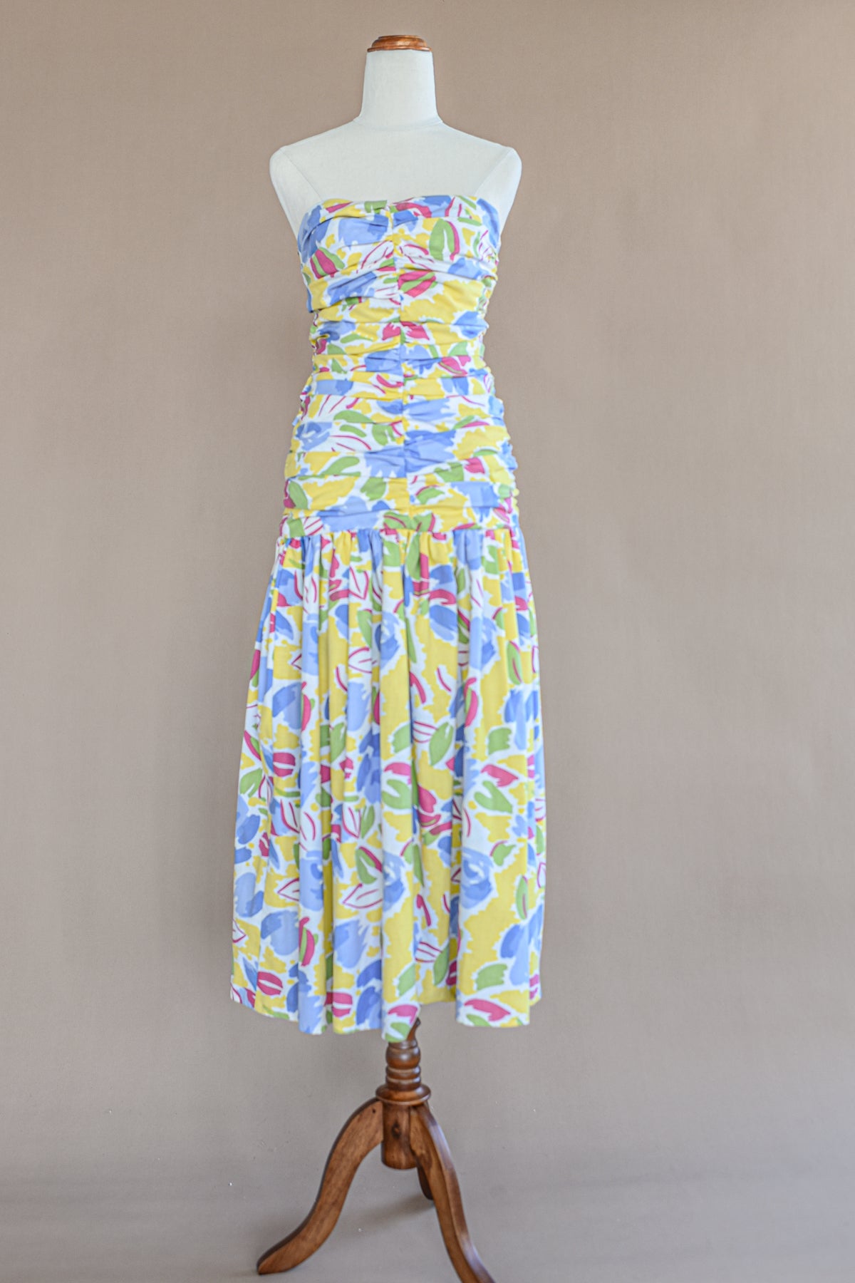 VINTAGE 1950's Yellow And Blue Printed Drop Waist Strapless Dress XS