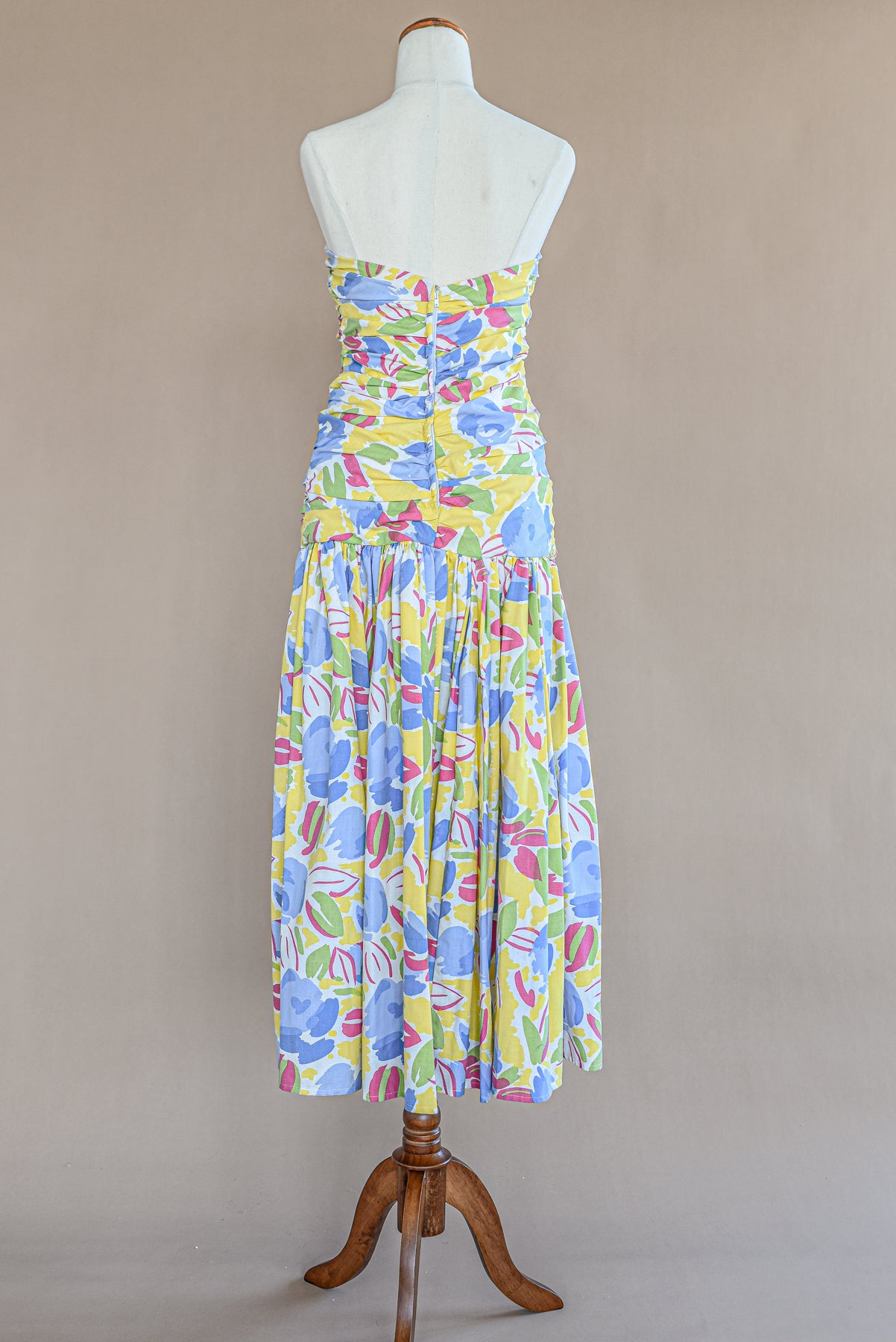 VINTAGE 1950's Yellow And Blue Printed Drop Waist Strapless Dress XS