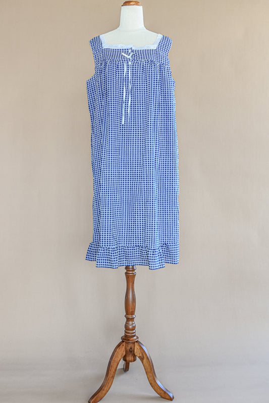 VINTAGE Navy Cotton Check Nightgown Midi Dress M/L
