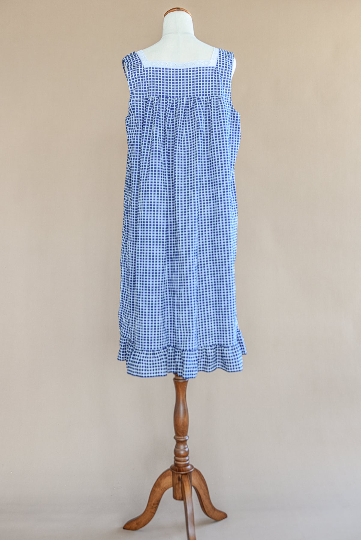 VINTAGE Navy Cotton Check Nightgown Midi Dress M/L